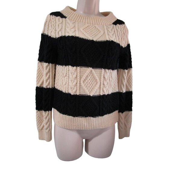 J Crew Handknit Wool Sweater XS Black Cream Stripes Cozy Cable Knit GUC - Picture 7 of 16